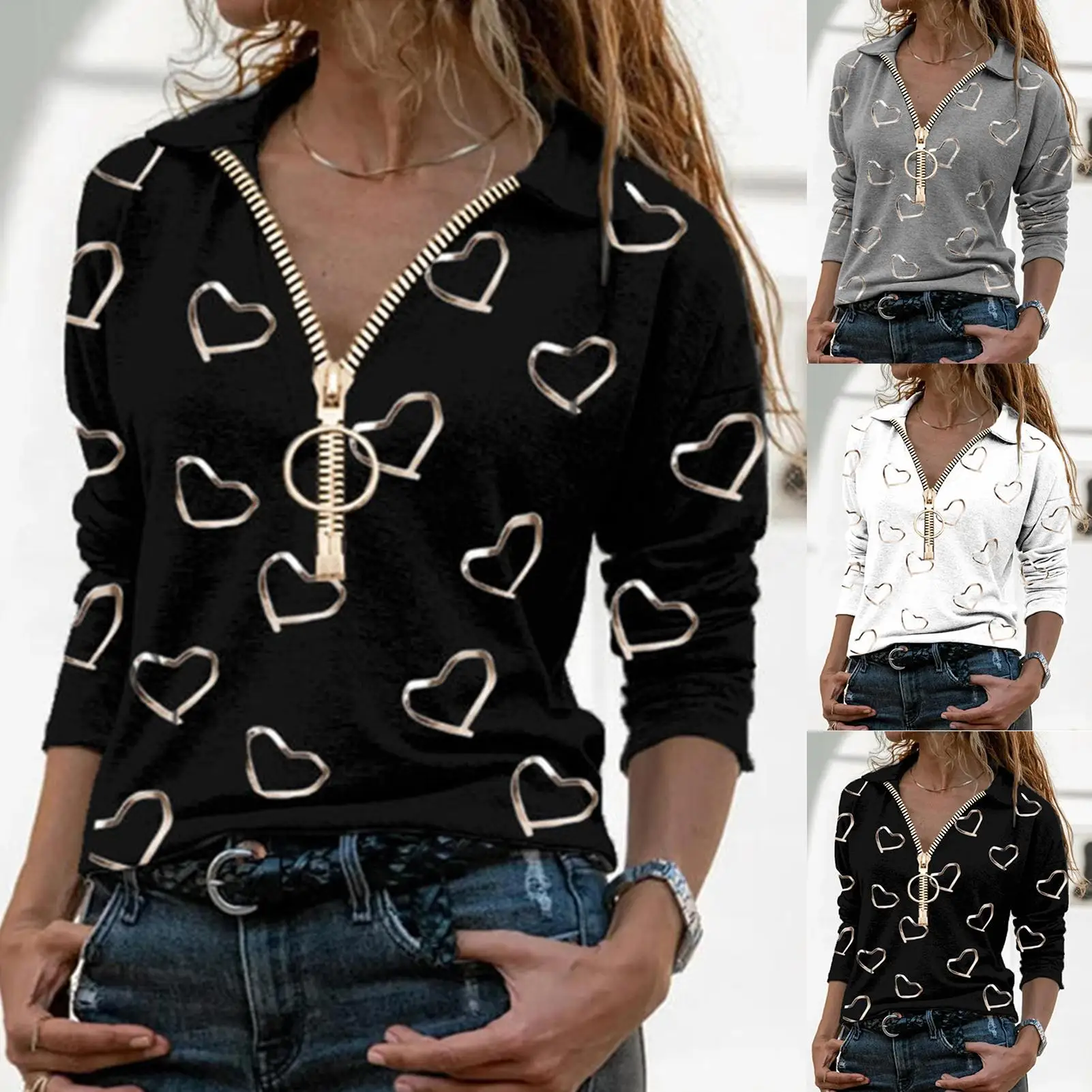 

Women New Stylish Casual Zipper V Neck Heart Print Long Sleeve Sweatshirt Loose Blouse T-shirt Tops