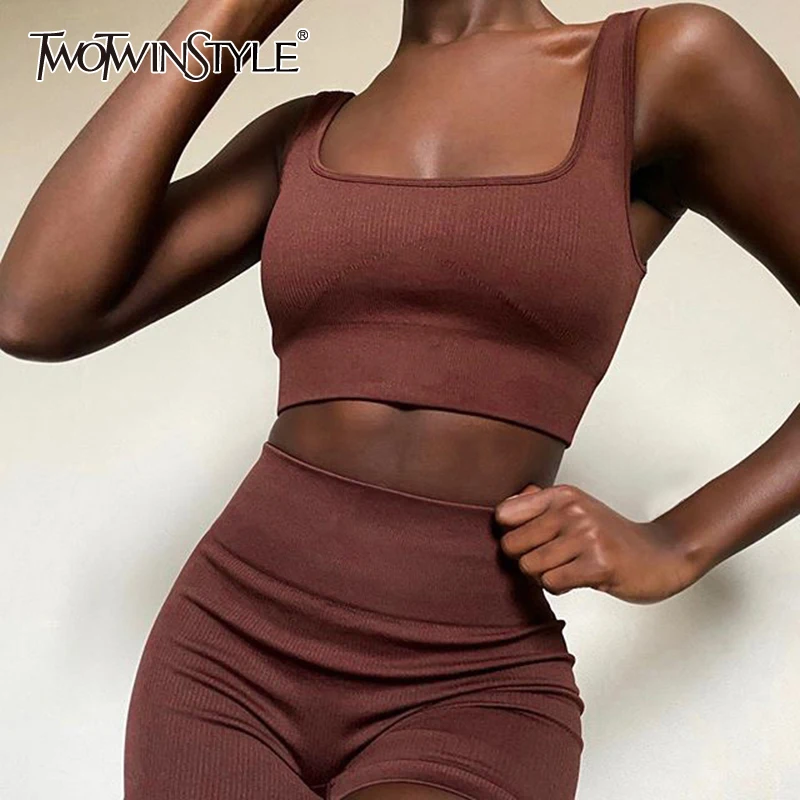 

TWOTWINSTYLE Casual Seamless Elastic Two Piece Sets For Pure Color Vest With High Waist Slimming Shorts Women's Set Fashion Tide