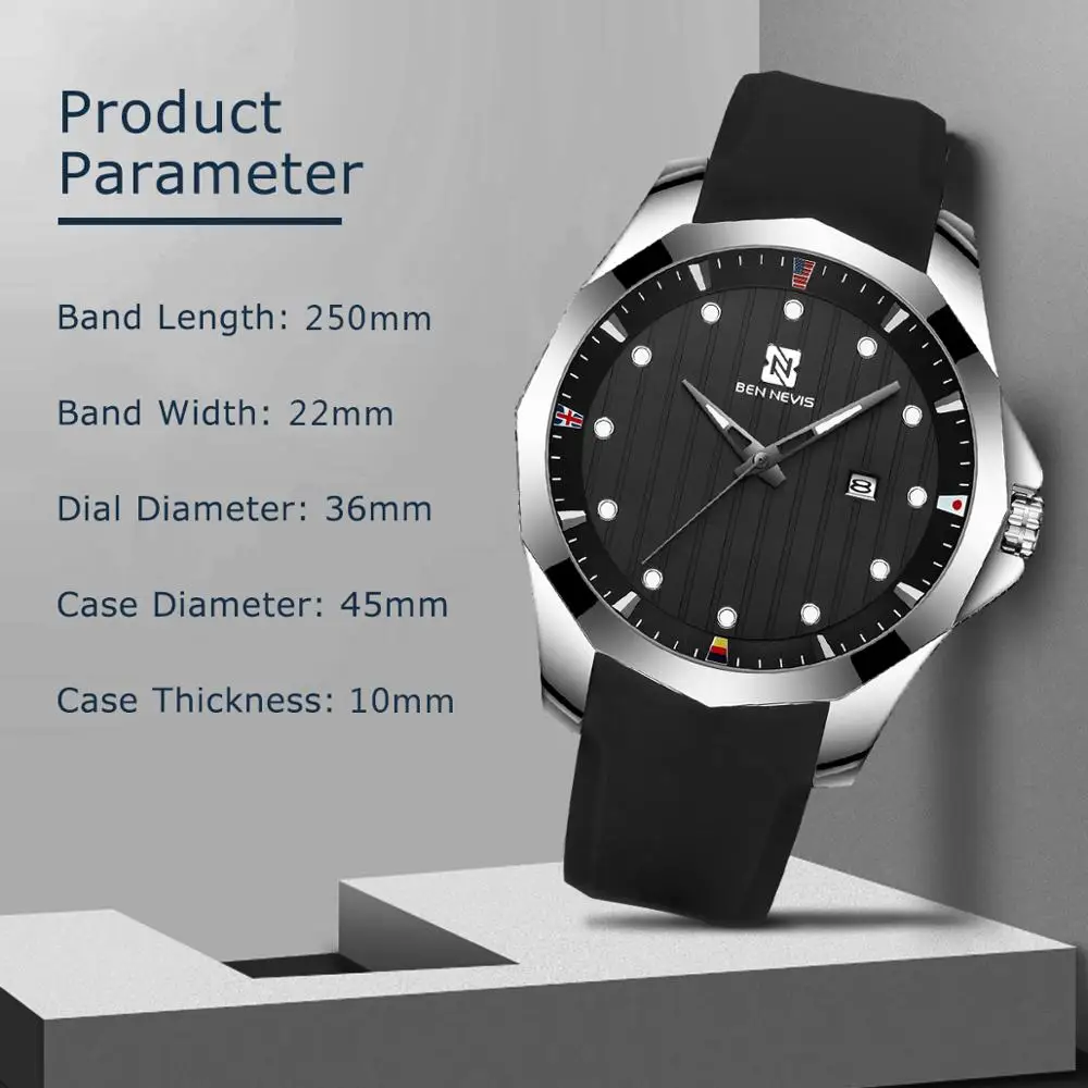 

BEN NEVIS Quartz Wristwatches Polygonal Case Design Black Silicone Band Calendar Business Watches Daily Waterproof Male Clock