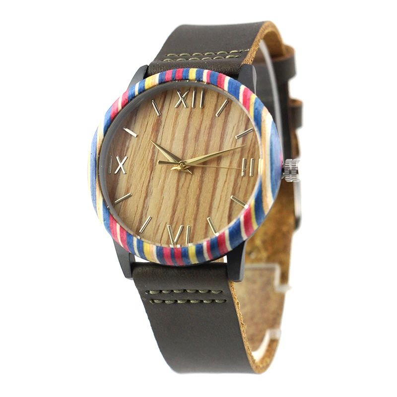 Dropshipping Casual Dress Fashion Women Water Proof Black Alloy Case Brown Strap Female Ladies Zebra Wood Wrist Watch