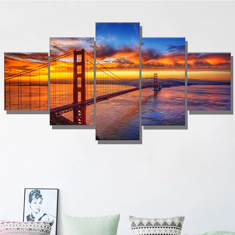 

5pcs HD Printing Canvas Painting San Francisco Golden Gate Bridge Sunset Art Group Home Decor Wall Poster Modular Picture