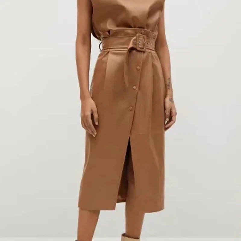 

Women's PU Skirts With Belt Faux Leather Sashes Skirt Straight High Waist Ladies Midi Skirt Fashion Elegant Woman Short Skirt