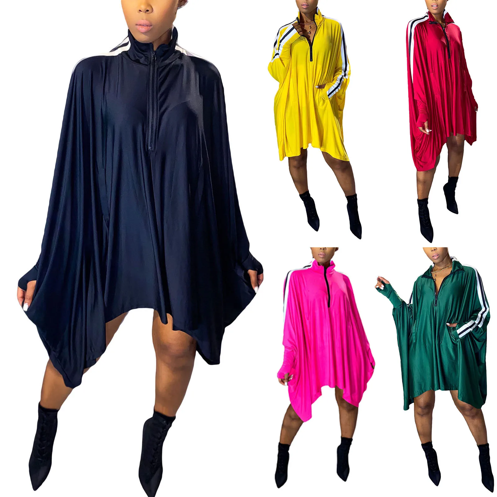 Женское платье с длинным рукавом летучая мышь свободная короткая юбка в полоску