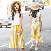 2021 summer girls casual clothing sets children sleeveless topsstripes wide leg pants outfits 2pcs kids outfits 8 10 12 14 year