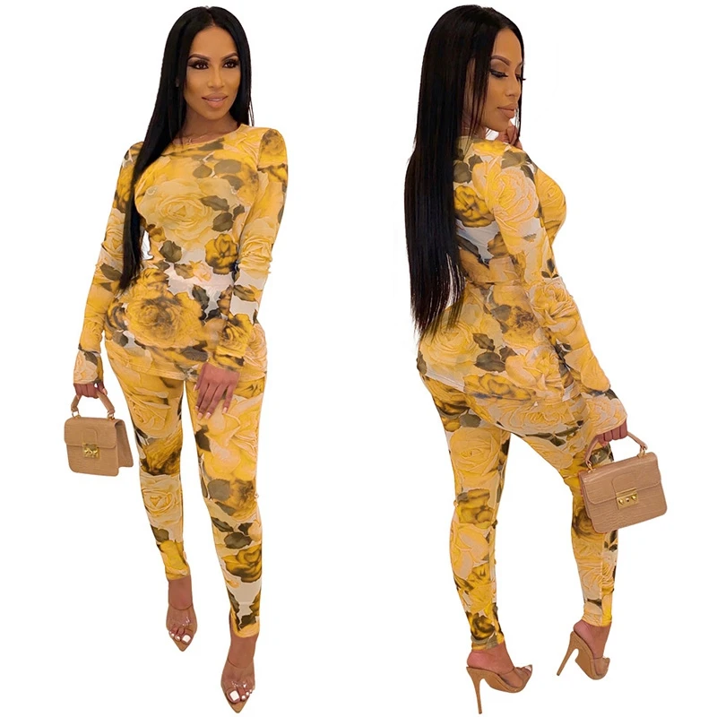 Осенний сексуальный цветочный сетчатый комплект из двух предметов топ и брюки