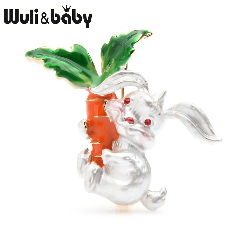 white Wuli& baby, брошь в виде женские зимние домашние тапочки с милыми кроличьими Holding броши "морковь" Для женщин Для мужчин сплав белый серый кролик заяц, животное, брошь на шпильке, подарки - Окраска металла: white