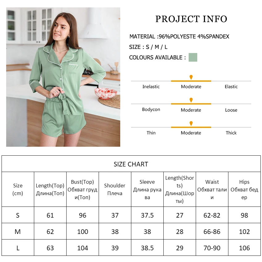 

Green Casual Summer Clothes Women 2021 Casual Sets Turn Down Collar Sleepwear Satin Pajamas With Shorts Female Nightwear