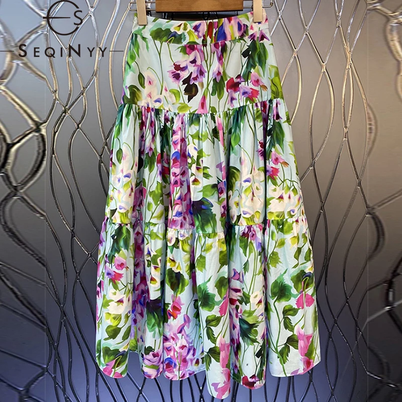 SEQINYY Sicily Midi Skirt Summer Spring New Fashion Design Women Runway Vinage Flowers Print High Quality 100% Cotton A-Line