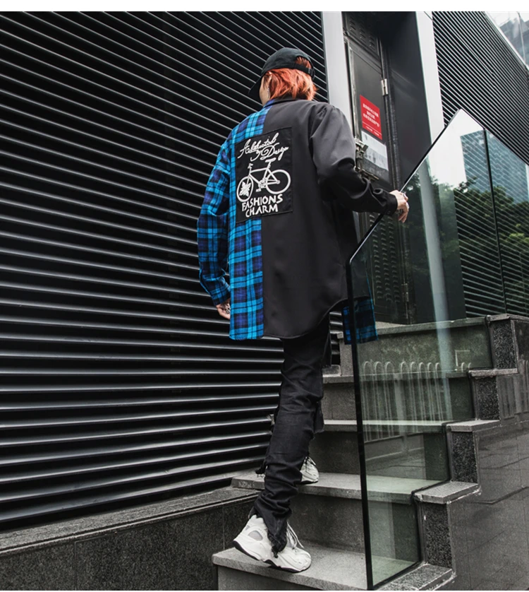 New Western Diablo Style Fashion Individuality Printed Plaid Patchwork Men's Long-Sleeved Shirts Hip Hop Autumn Streetwear Color