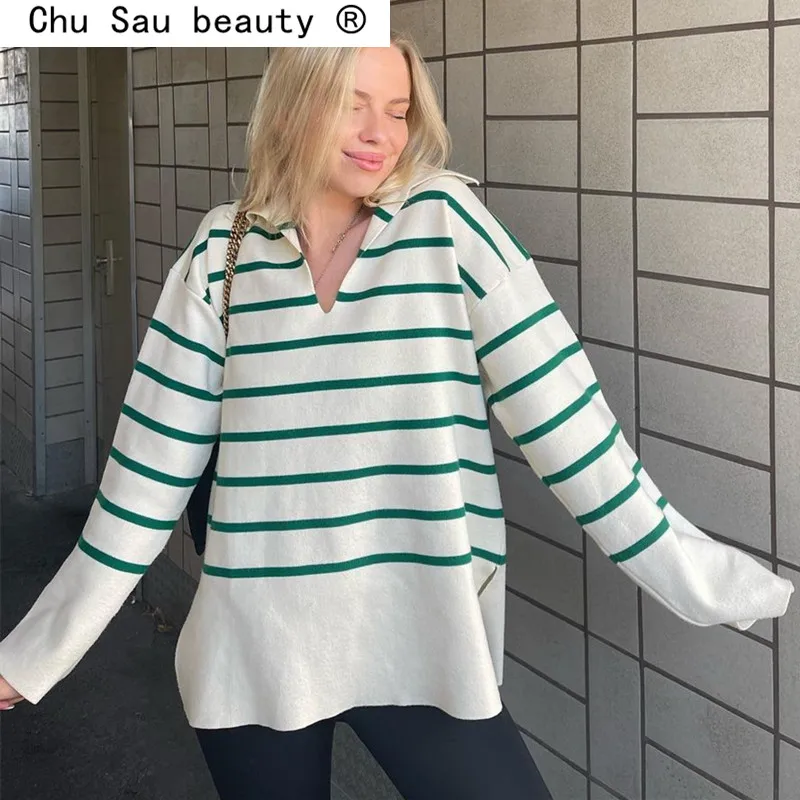 

Polo Collar Striped Sweater Women Fall Winter New Vintage Loose Pullover Knitted Sweaters Jumpers Jersey Mujer Invierno 2021