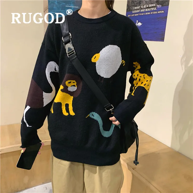 RUGOD/2019 новый зимний теплый черный женский свитер-пуловер с изображением животных