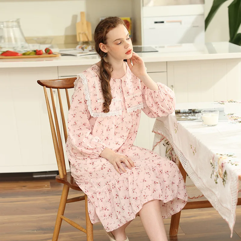 

New Flower Print Women Autumn Nightdress Pure Cotton Long Sleeve Skirt Sleepwear Nightgowns Daily Casual Negligee Home Dress
