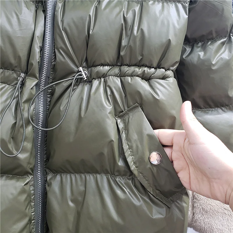 

2021 Winter Women New Mixed Color Lapel Cotton Jacket Pockets Drawstring Zipper Puffy Parkas Army Green Cuff Lambswool Outwear