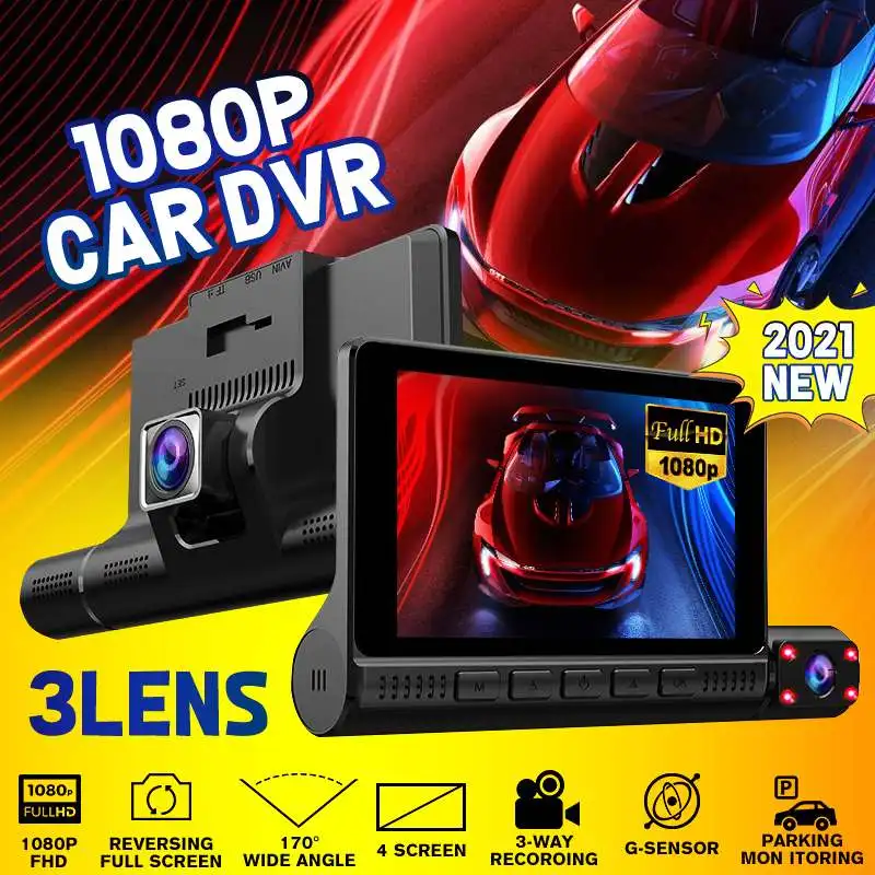 

4 "1080P Автомобильный видеорегистратор, HD сенсорный экран, G-сенсор, 3 объектива, мониторинг парковки, видеорегистратор, камера заднего вида 12 в...