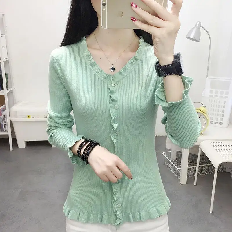 

Женский трикотажный джемпер с v-образным вырезом, украшенный пуговицами, сплошные швы, свитер с длинными рукавами, пуловер для женщин, весна ...