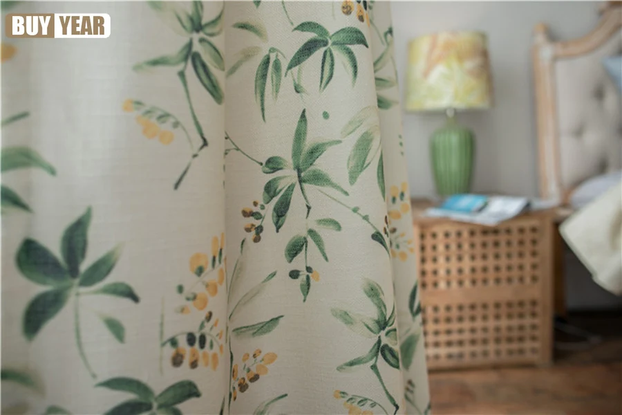 American Country Cotton Linen Insulation Fabric Shade Curtains for Living Room Green Leaves Floral Window Screen Bedroom Drapes images - 6