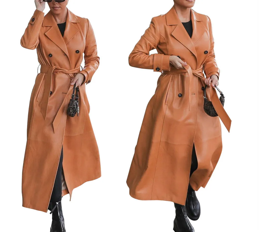 

2021 Top Compound Sheepskin Coat Lady Free Wash PU Leather Jacket Lace-up Plus Size Trench Coat Long With Cotton Overcoat