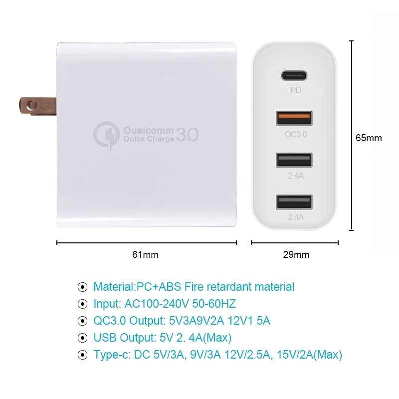 Сетевое зарядное устройство PD 48 Вт PD3.0 /PD2.0 QC 3 0 быстрая зарядка со штепсельной
