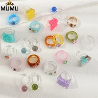 new fashion transparent colorful bead stone geometry exaggerated square resin acrylic rings for women girls jewelry party gifts