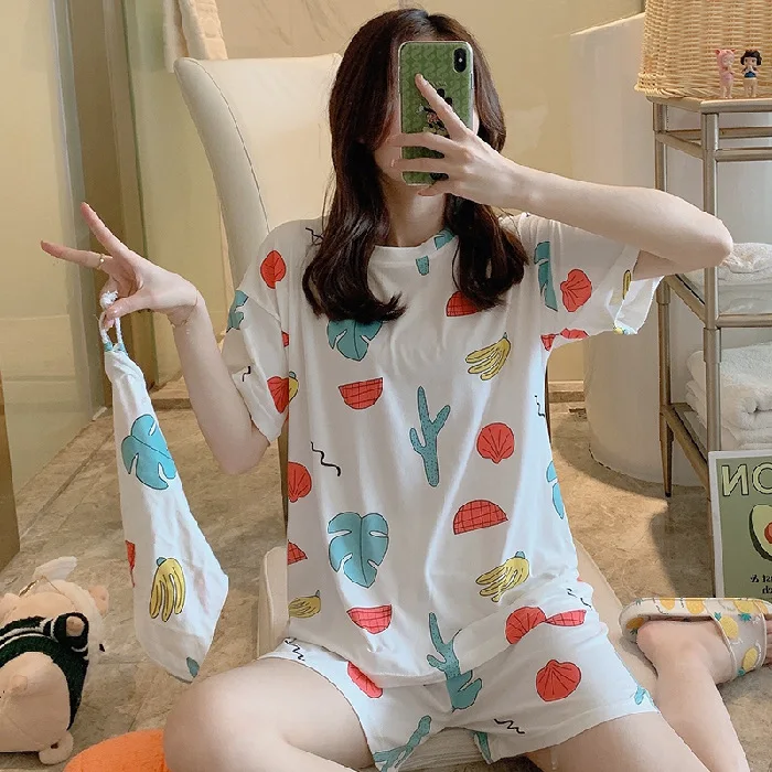

2020 Short Sleeve Pajamas Polyester Set Women Sleepwear 3Pcs Nightwear for Women Sleepwear Short Pant Cloth bag