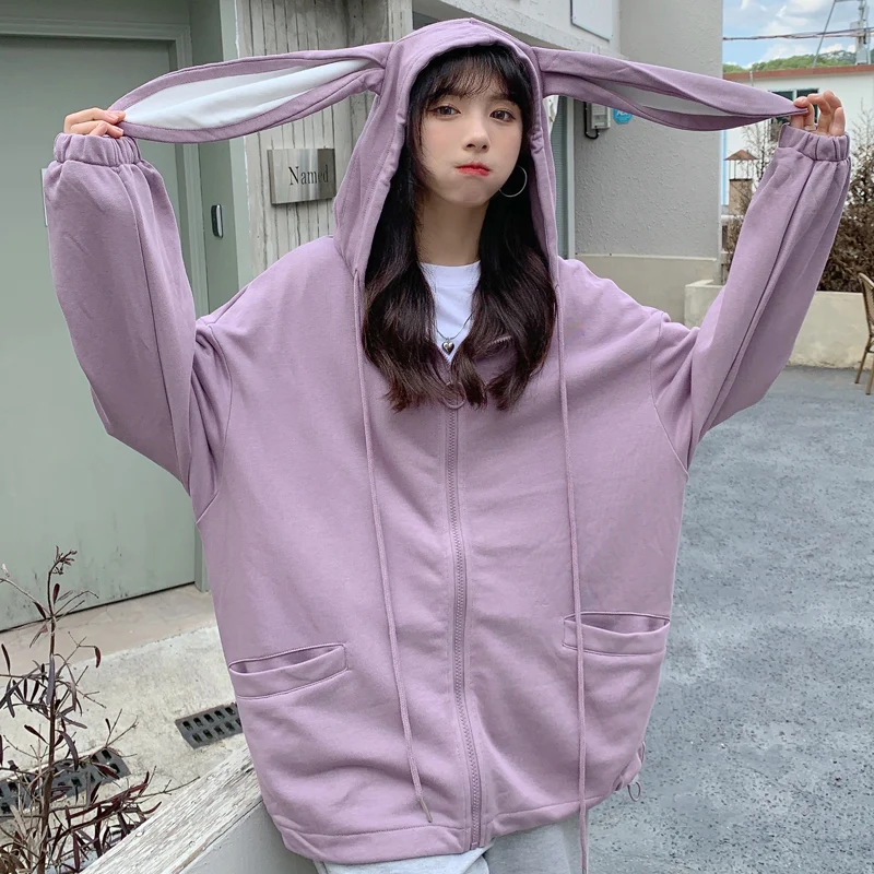 

Милые толстовки для женщин, Осенний свободный шикарный дизайн с милыми ушками кролика, свитшот на молнии, красивые толстовки для девочек