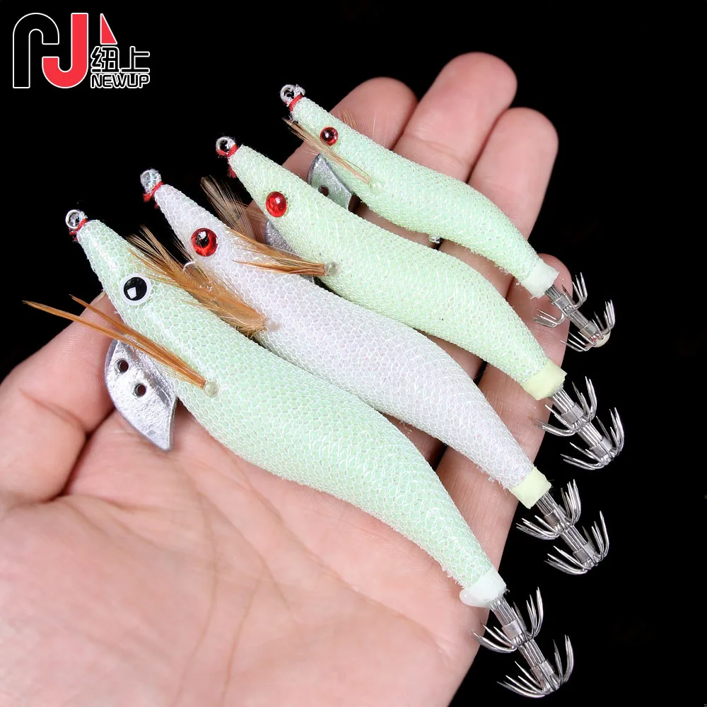 NEW UP 1PCS Fishing Lure Luminous Squid Jigs White Glow Wood Shrimp with Octopus Squid Jig Hooks Cuttlefish