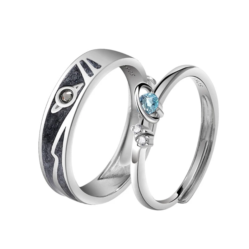 

2Pc Trendy Saturn Planet and Stars Universe Galaxy- 925 Sterling Silver Lover Ring Matching Set Sea Blue Fashion Jewelry C7AE