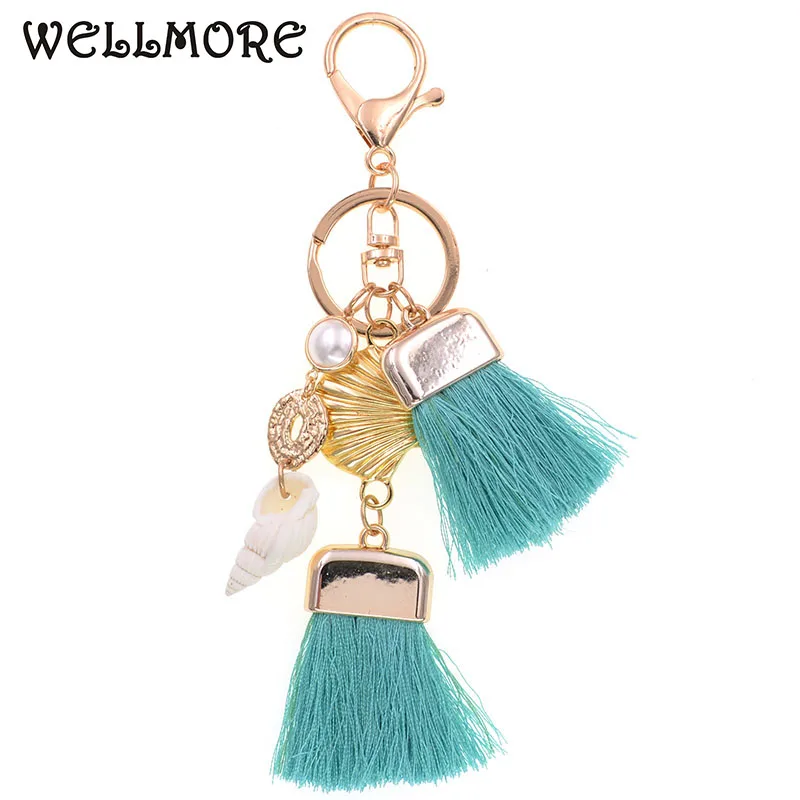 

WELLMORE 9 color bohemia Key Chains for women tassel shell Key Chain Girl Bag Keychain fashion jewelry wholesale