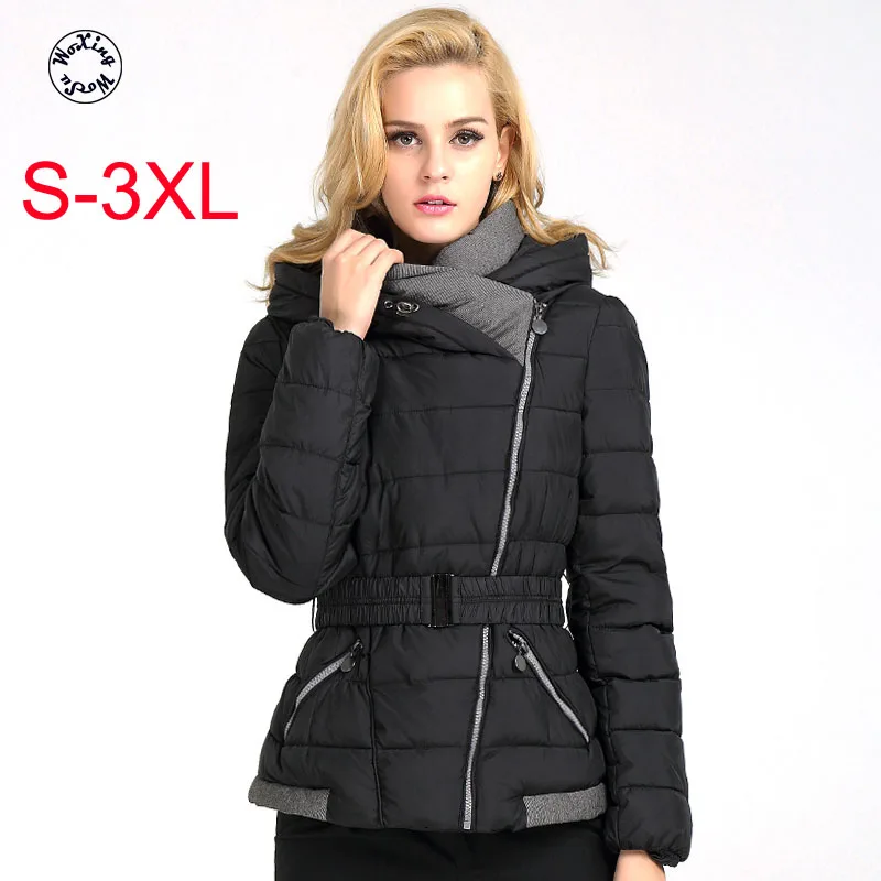 

White duck down coat Autumn and winter new short waist close fitting hooded black large women's down jacket