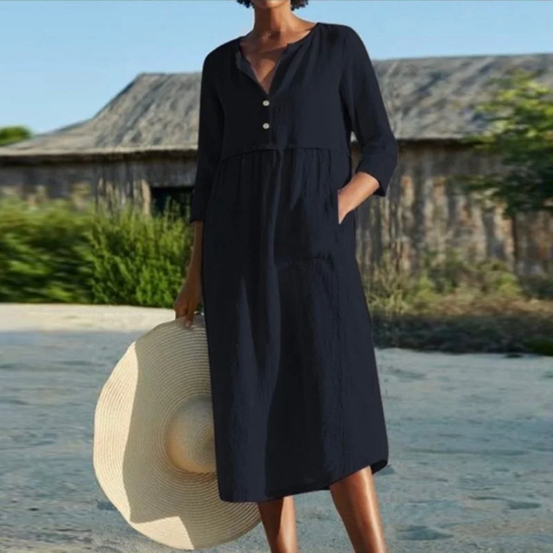 

Explosion style loose dress summer regular sleeves single-breasted cotton and linen summer casual women's clothing 2021 hot sale