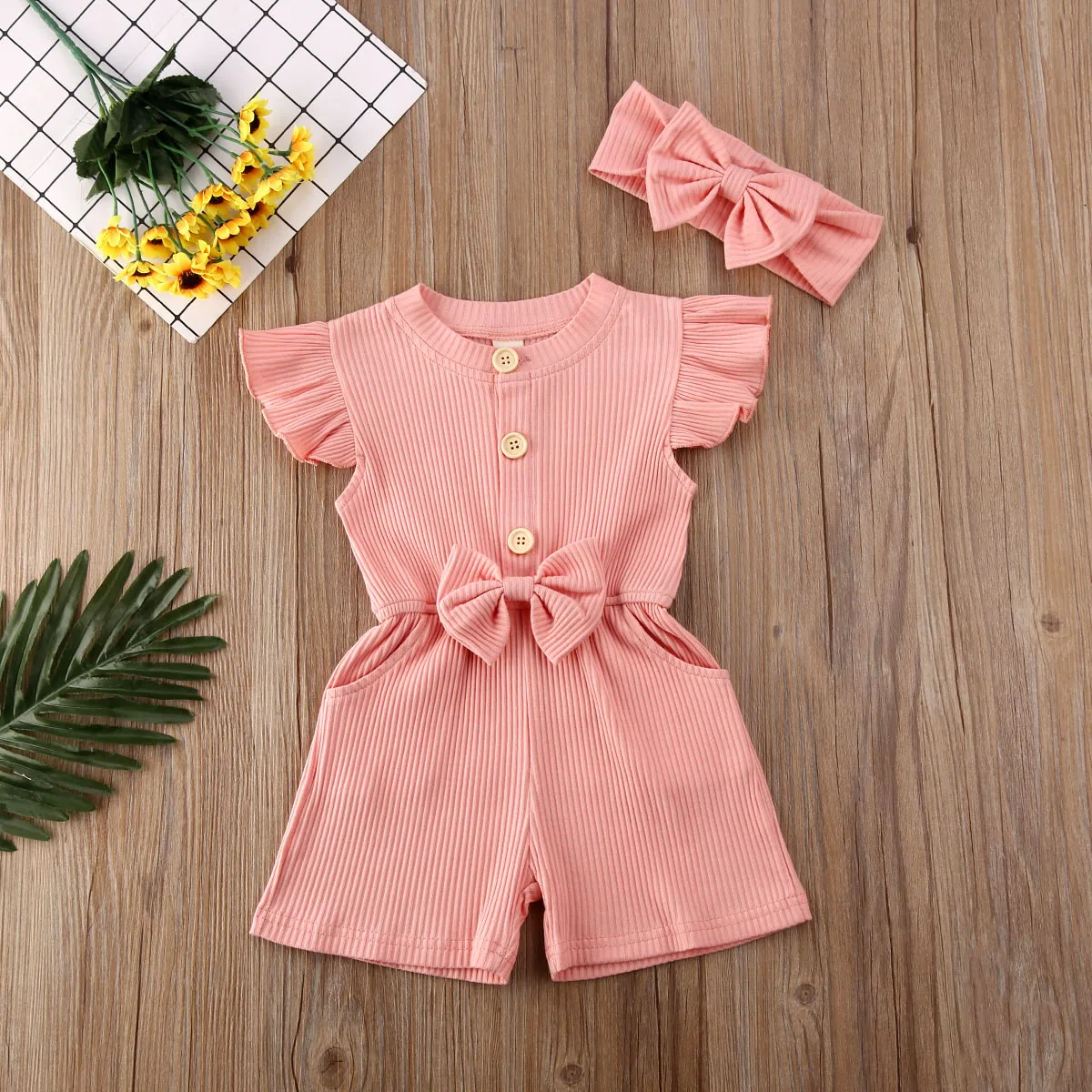 2 шт. детский трикотажный комбинезон с бантом и рукавами мушами|Ромперы| |