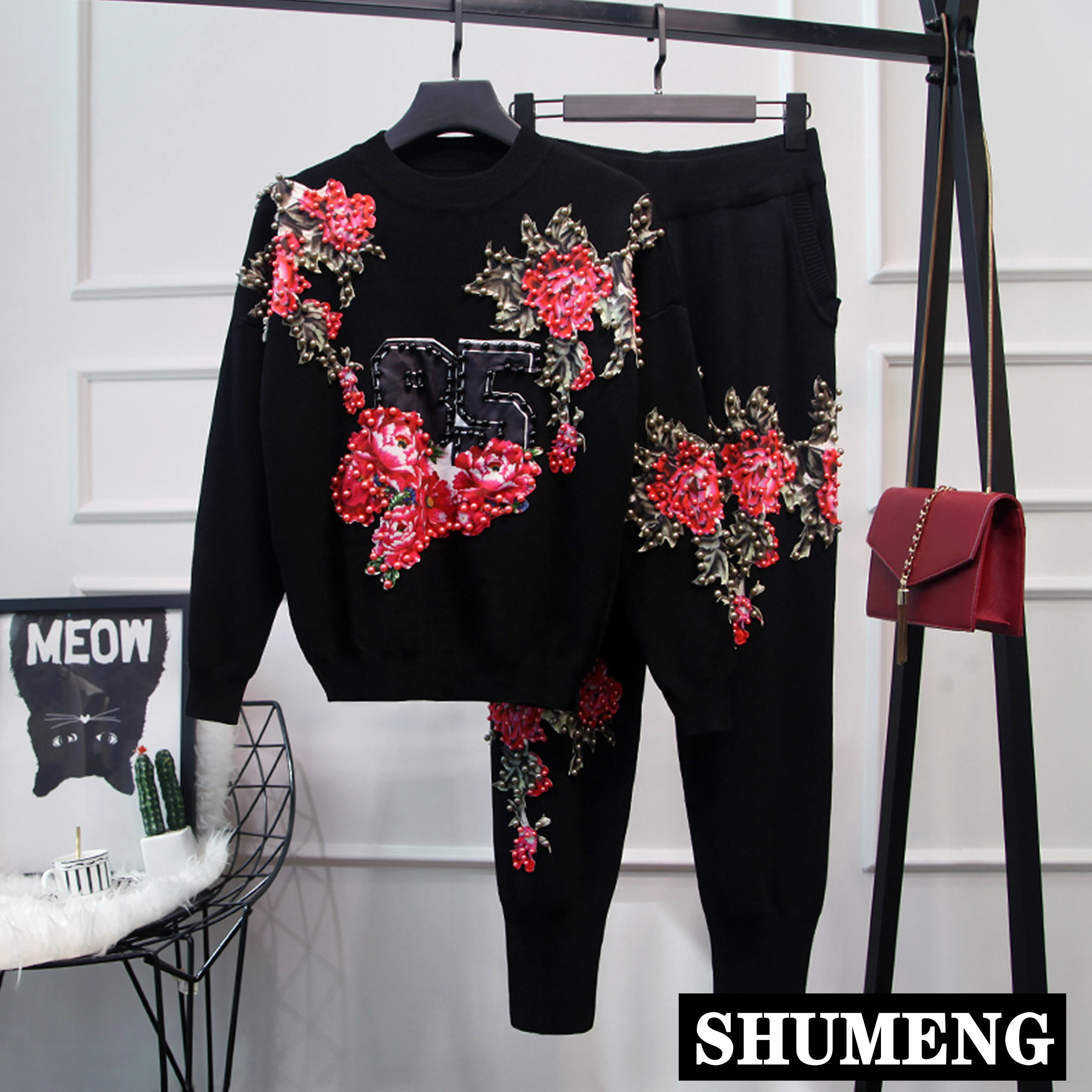 

Женский трикотажный костюм из двух предметов, Повседневный пуловер с цветочными бусинами и брюки