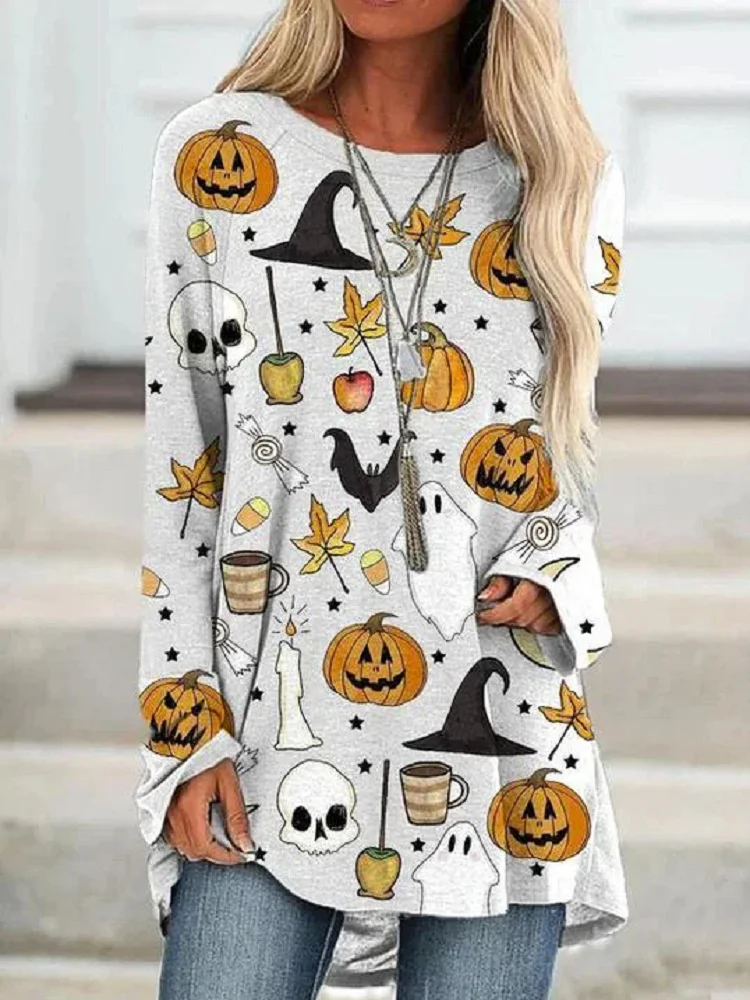 

Halloween Print T Shirt Women Long Sleeve O-Neck Loose Tops Plus Size Female Streetwear Fashion Clothes