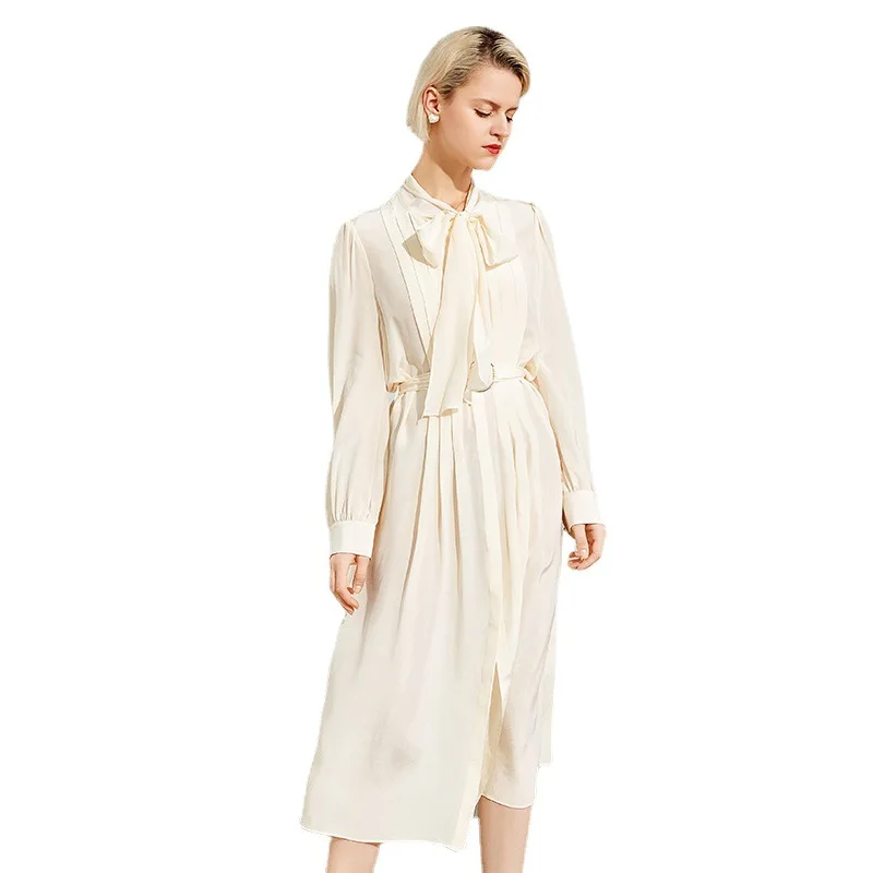 

100% mulberry silk 2021 spring and summer new female mulberry silk dress long sleeve mid-length fashion waist ribbon silk skirt