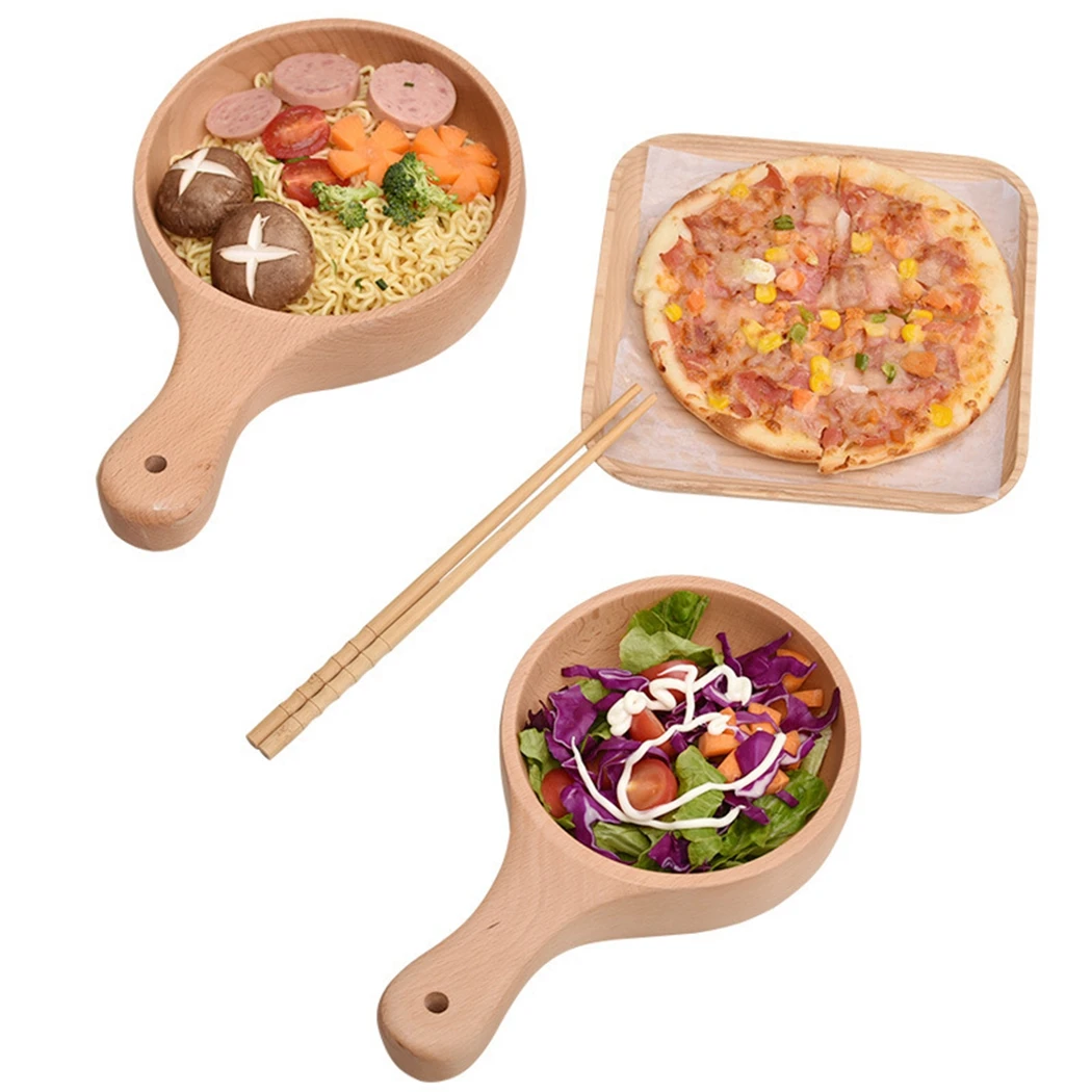 

justdolife 1pc Kitchen Salad Bowl Wooden Large Food Bowl Home Dinnerware With Handle Kitchen Tableware Accessories
