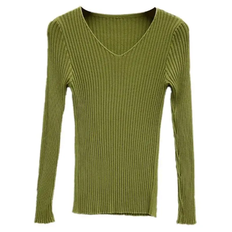 

Women's V-neck Slim Solid Color Knit Sweater 2021 Ladies All-match Korean Tops Pullover Long Sleeve Female Sweater