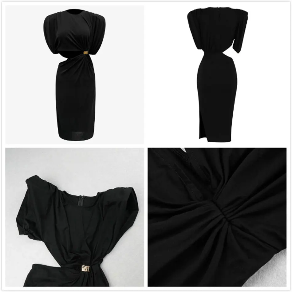 

2020 Chic Waist Hollow Out Draped Sleeves Strong Shoulder Silhouette Design Celebrity Party Midi Dress Christmas Party Vestidos
