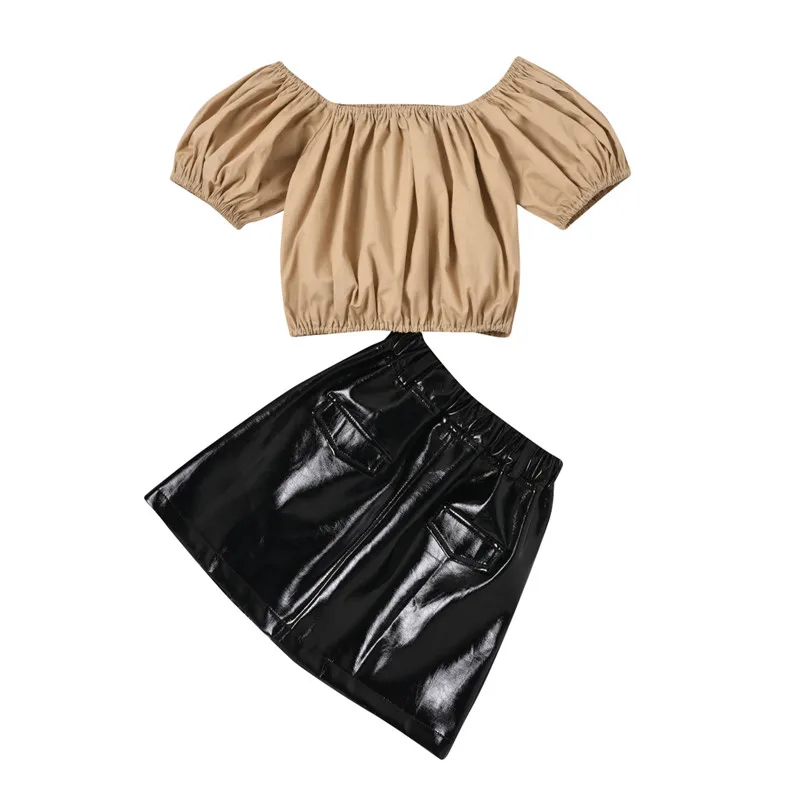 

1-6Y Fashion Kids Girls Summer Clothes Set Off Shoulder Short Sleeve T-shirts Tops+PU Leather A-line Skirts Kids Girls Clothes