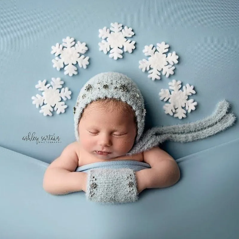 Newborn Photography Accessories Christmas Handmade Beaded Snowflake Hat Wrap Set Baby Girl Photo Props Backdrop Basket Blanket baby hollow lace blanket cotton handmade backdrop blanket newborn photography props basket filling cloth photography accessories
