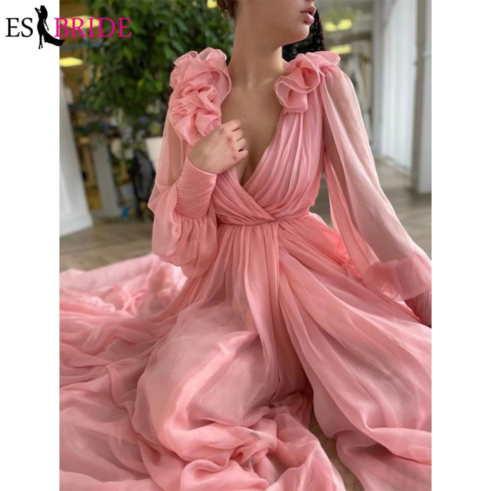 

2021 Элегантные Платья без Рукавов Розовое Шифоновое Платье трапециевидной формы Выпускные платья одежда с длинным рукавом v-образным вырезо...