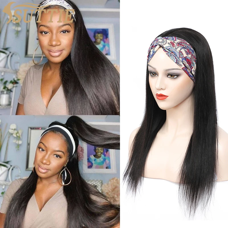 Suttie волосы парик с головной повязкой человеческие прямые цельные штаны