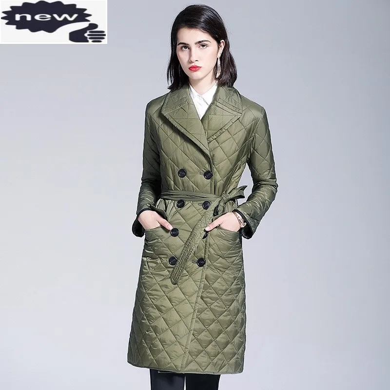 

Fashion Women Down Cotton Padded Long Jacket Slim Fit Belted OL Style Parka Outwear Thin Double Breasted Diamond Pattern Coats
