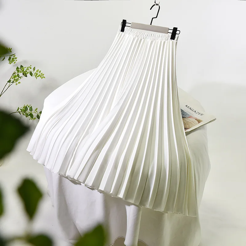 

FAKUNTN 2021 Women A-Line Spring Pleated Skirt Elegant Stretch High Waist Long Skirt Femme Elegant Faldas Jupe Saia Women White