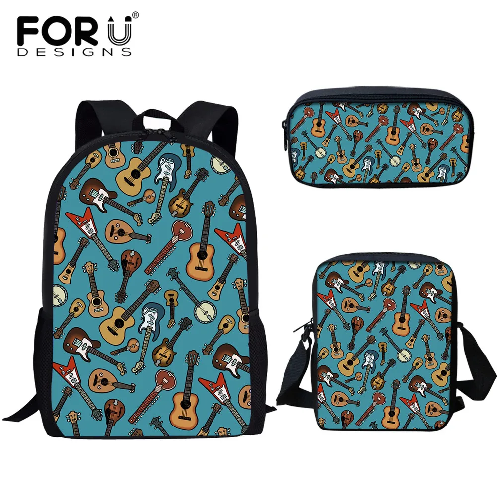 

FORUDESIGNS Children School Bookbags Guitar Pattern Print Student Schoolbags 3Pcs Set Messengers Bags and Penbags Daypack Sac