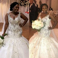 sparkly mermaid plus size wedding dresses 2022 luxury beaded crystal v neck african nigerian chapel train trumpet wedding gown