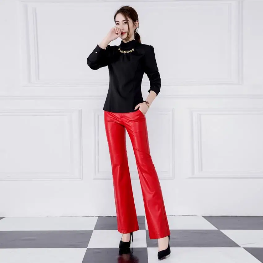 

Модные брендовые красные узкие брюки из искусственной кожи, женские брюки высокого качества на зиму, осень, весну, тонкие расклешенные брюк...