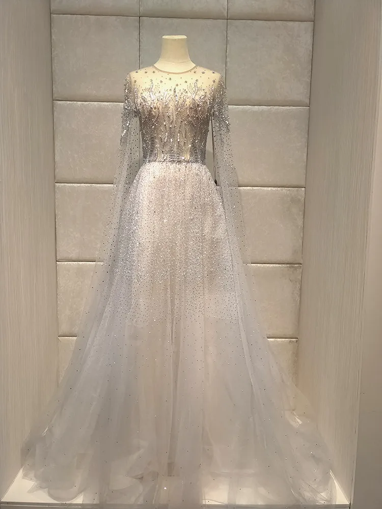 Серебристый Роскошное вечернее платье; Новинка года; длинное платье; abiye vestido festa galajurk; характерное перо - Цвет: Серебристый