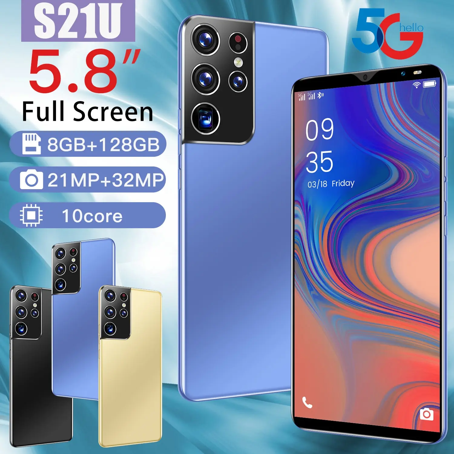 

S21U Cheap Smart Phone Dual Sim+ Micro Sd Andriod 10.0 Global Version Deca Core Mobile Cell Phone Mtk6898 21mp + 32mp Cell Phone