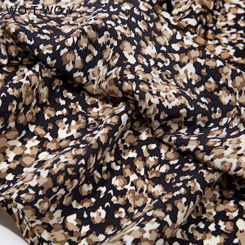 

WOTWOY Summer Long Sleeve Leopard Printed Dress Women Elastic Hight Waist Loose Ruffle Dress Female Vintage A-Line Dress Ladies