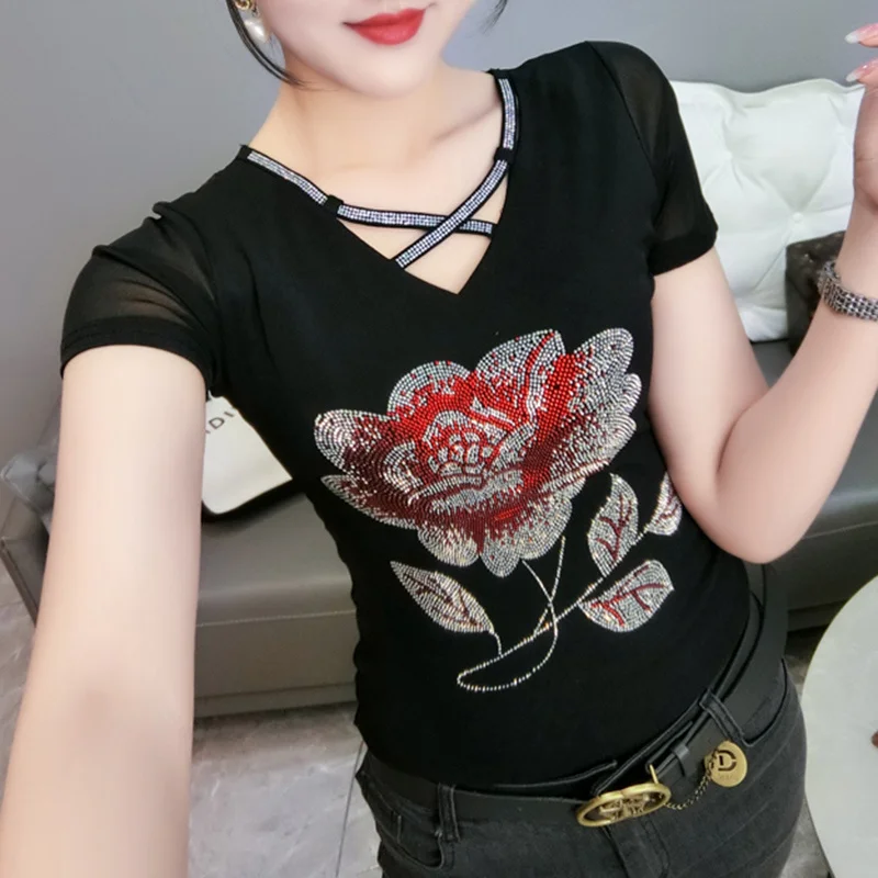 

#5971 Black Blue Mesh T Shirt Women With Diamonds Slim Sexy Short T Shirt Female V-Neck Basic Tops Korean Style Tee Shirt Femme